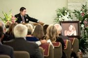 Chris Zavala Jr. gives the eulogy for his wife, Michelle Zavala at her funeral service at Cook-Walden/Capital Parks Funeral Home, in Pflugerville, Texas on August 5, 2017.