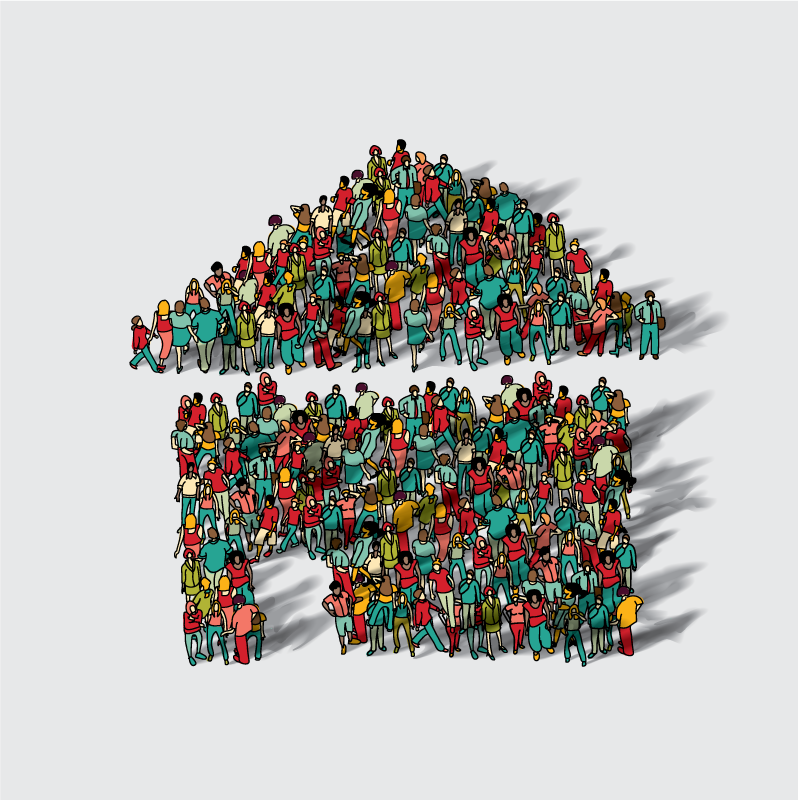Illustration of people gathered together in the shape of a house.