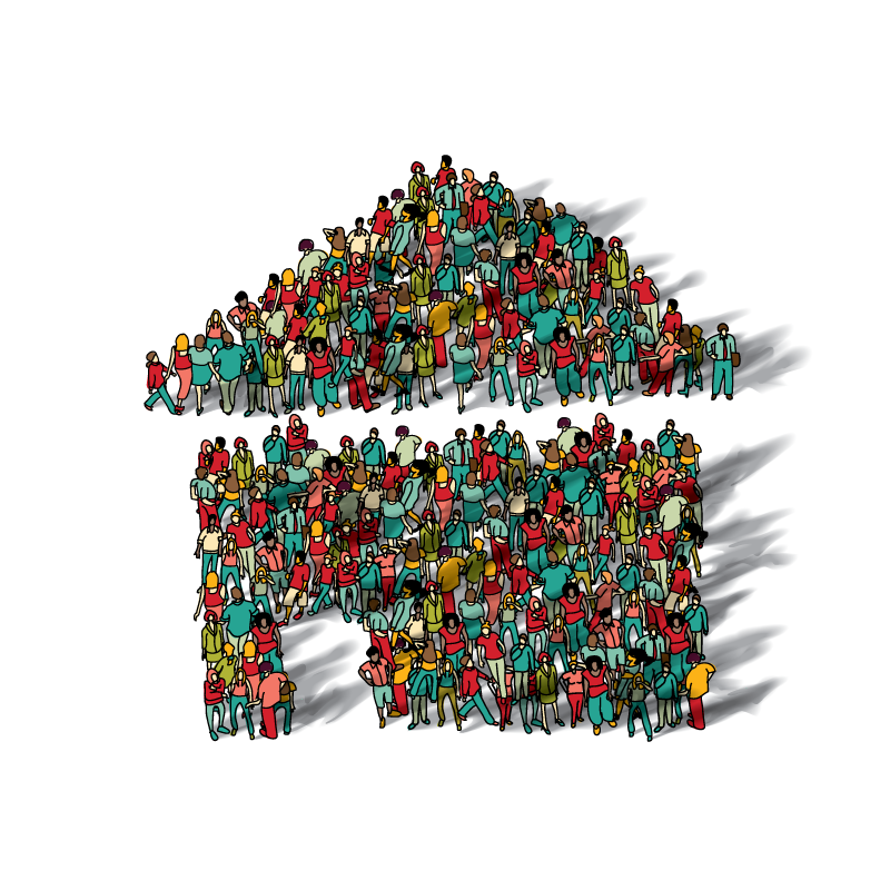 Illustration of people gathered together in the shape of a house.