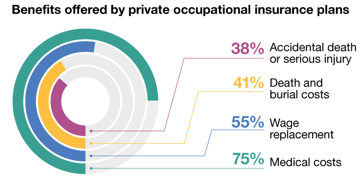 Graph showing benefits offered by private occupational plans: 75% cover medical costs; 55% cover wage replacement; 41% cover death and burial benefits; 38% cover accidental death and serious injuries